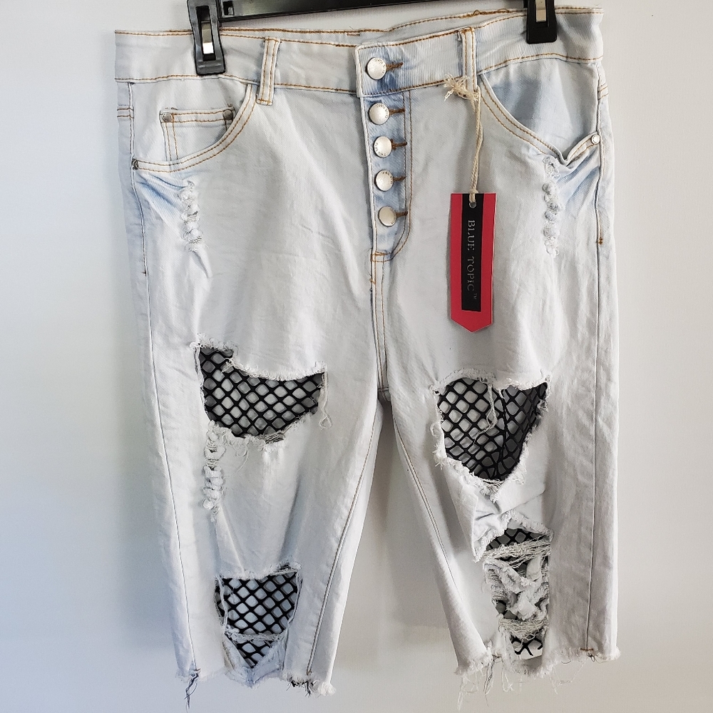 Blue Topic Distressed Denim Fishnet Shorts